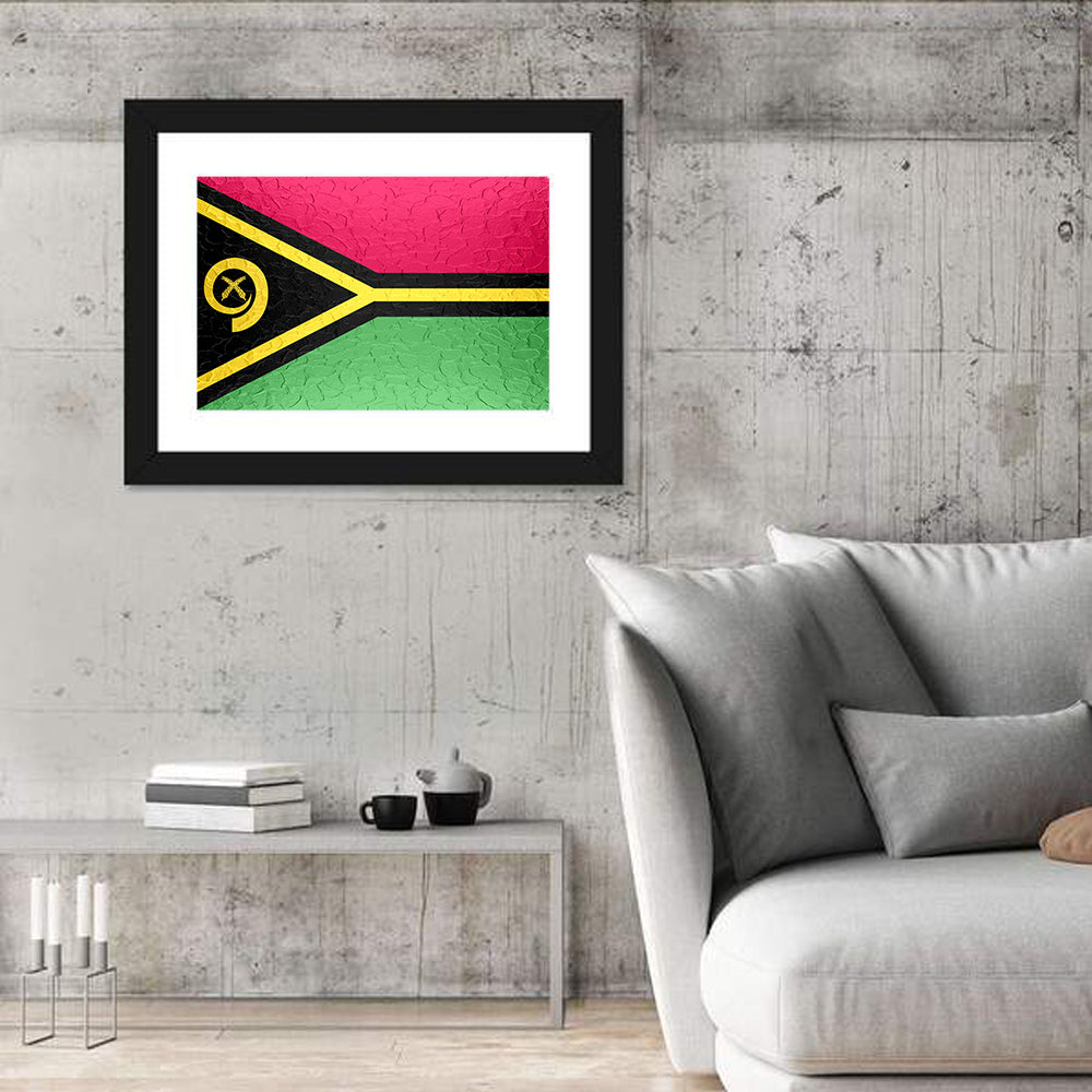 Vanuatu Flag with Boar Tusk Emblem Wall Art in a room, landscape