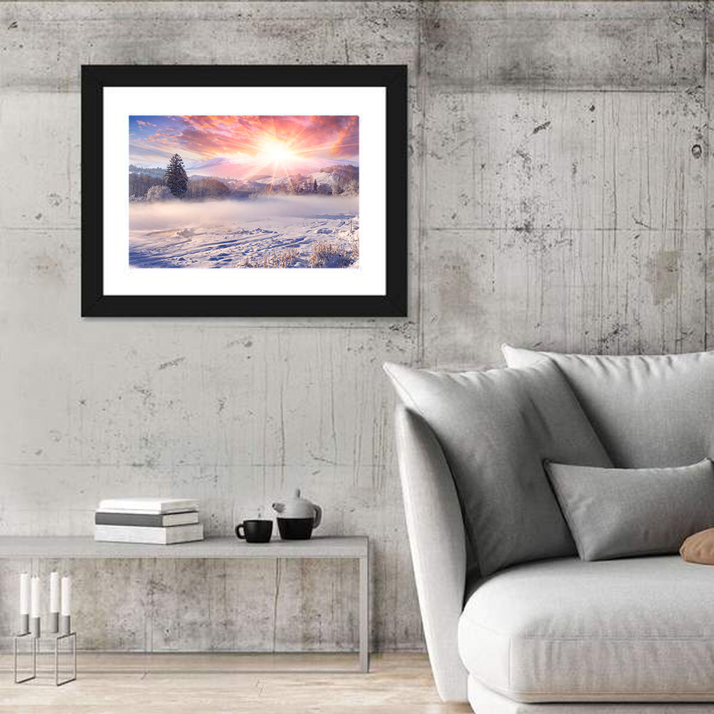 Sunrise Over Snowy Mountain Village Wall Art in a room, landscape
