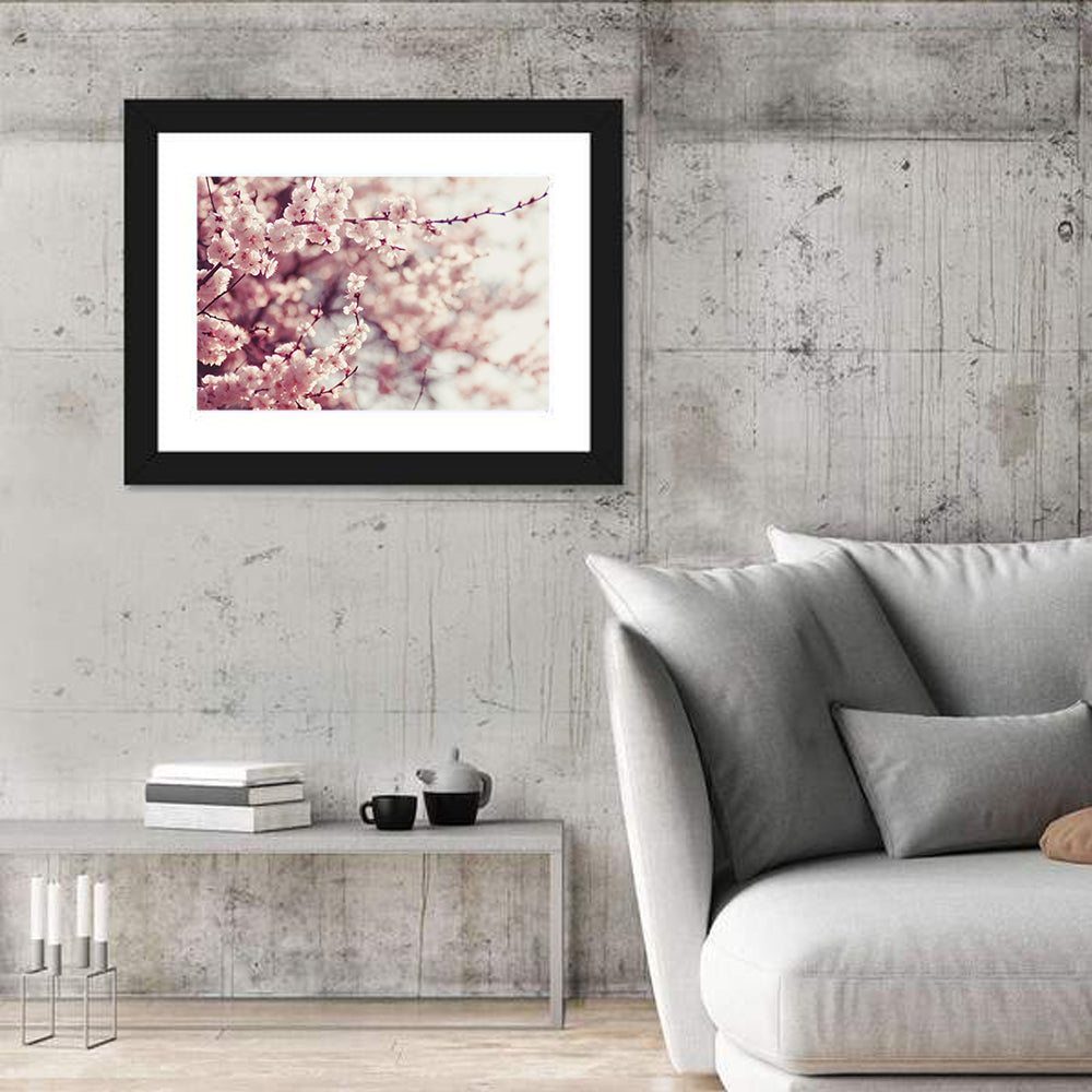 Pink Cherry Blossom Close-up Wall Art in a room, landscape