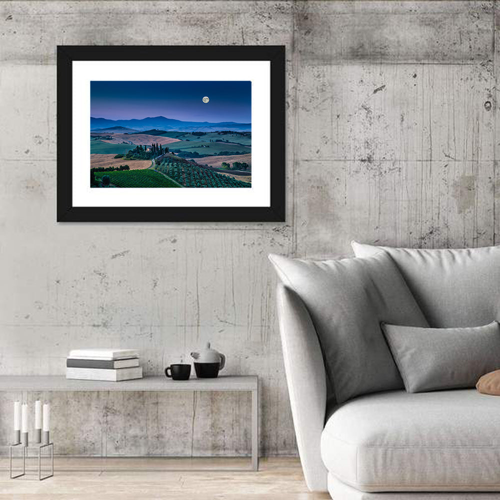 Moonlit Tuscan Hills Wall Art in a room, landscape