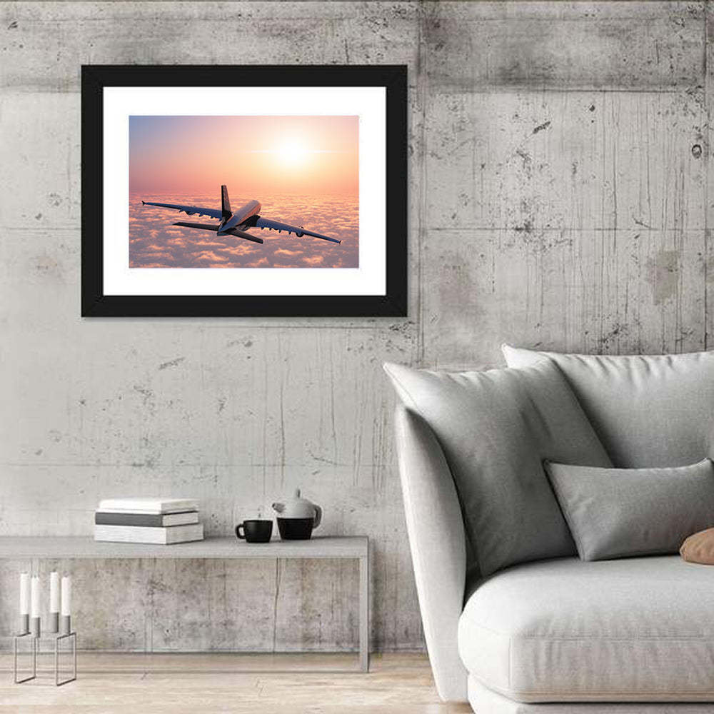 Passenger Plane Above Golden Clouds Wall Art in a room, landscape