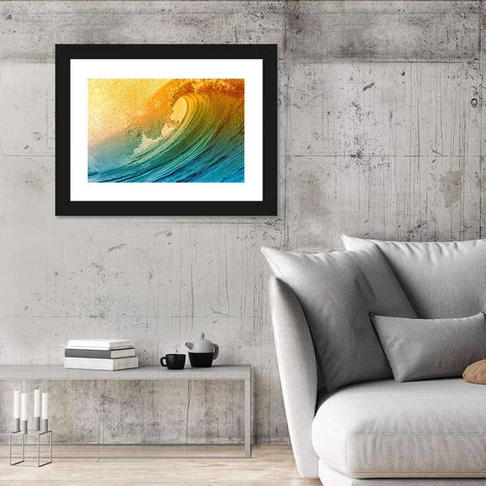 Golden Hour Barrel Wave Wall Art in a room, landscape