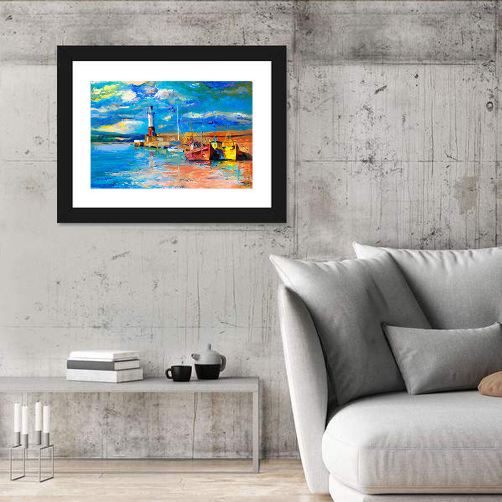 Lighthouse Harbor Sunset Wall Art in a room, landscape