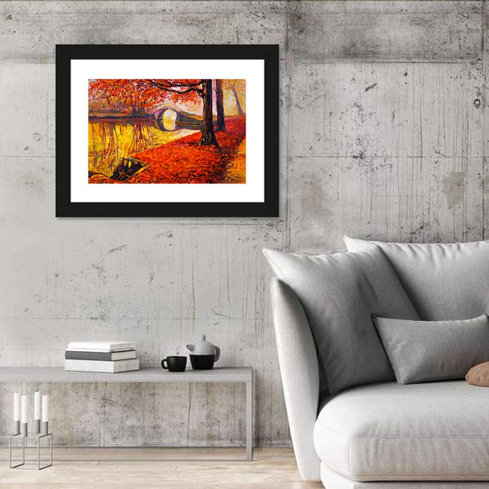 Autumn Bridge Over Golden Lake Wall Art in a room, landscape