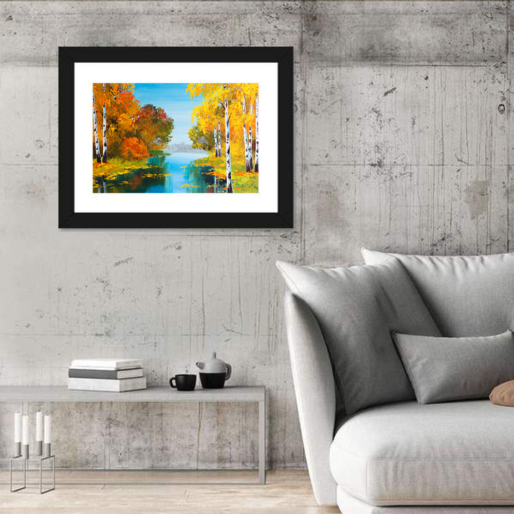 Autumn Birch River Reflection Wall Art
