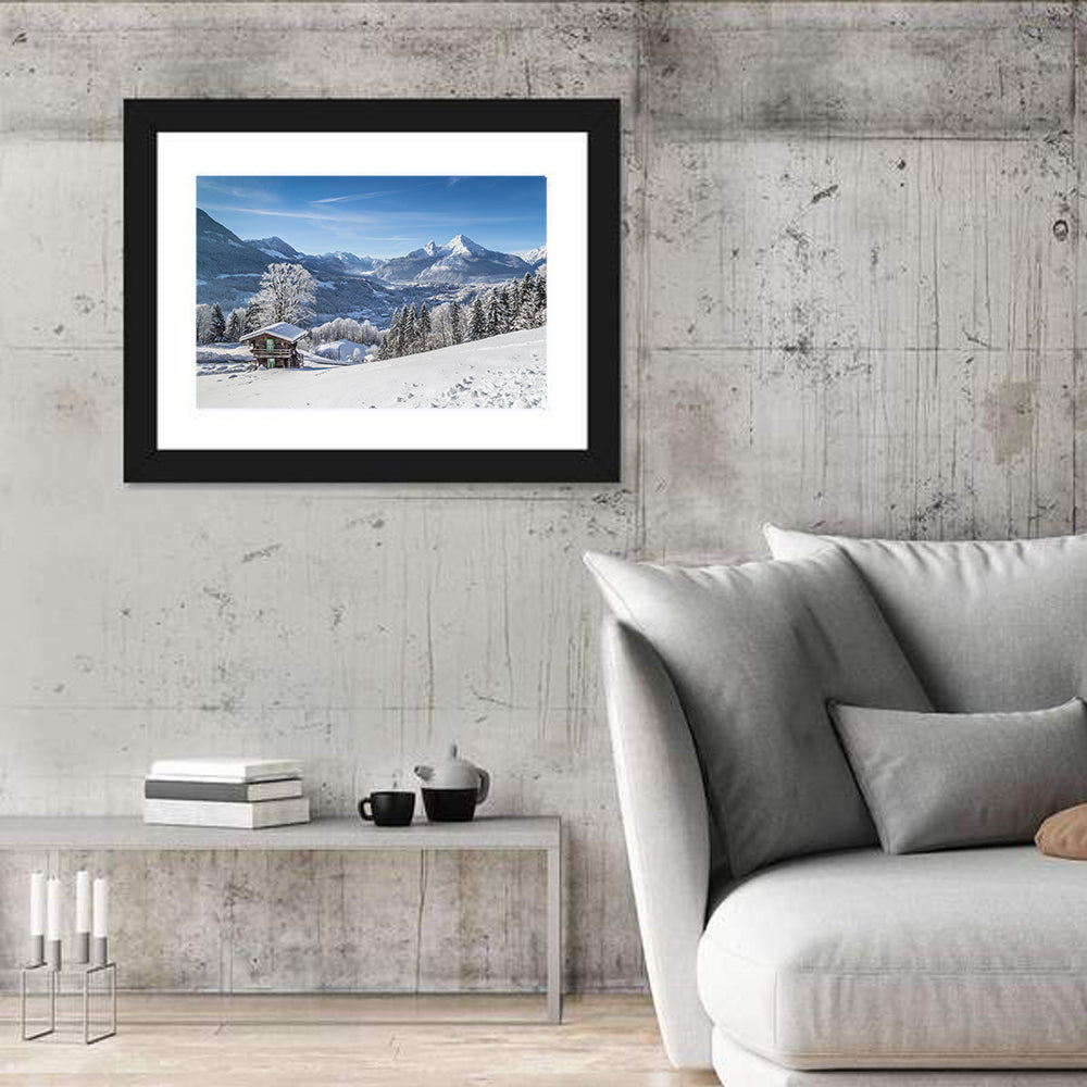 Berchtesgaden Alpine Cabin Scene Wall Art in a room, landscape