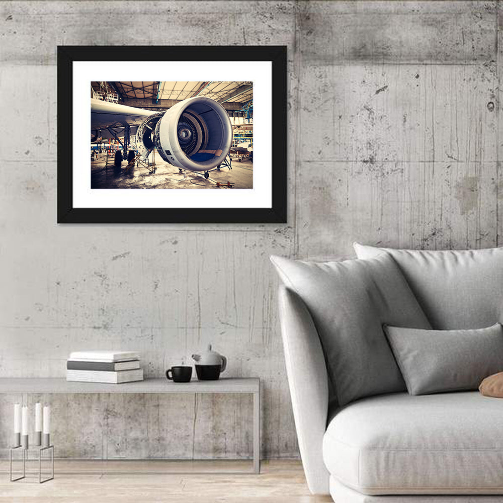 Open Jet Engine in Hangar Wall Art in a room, landscape
