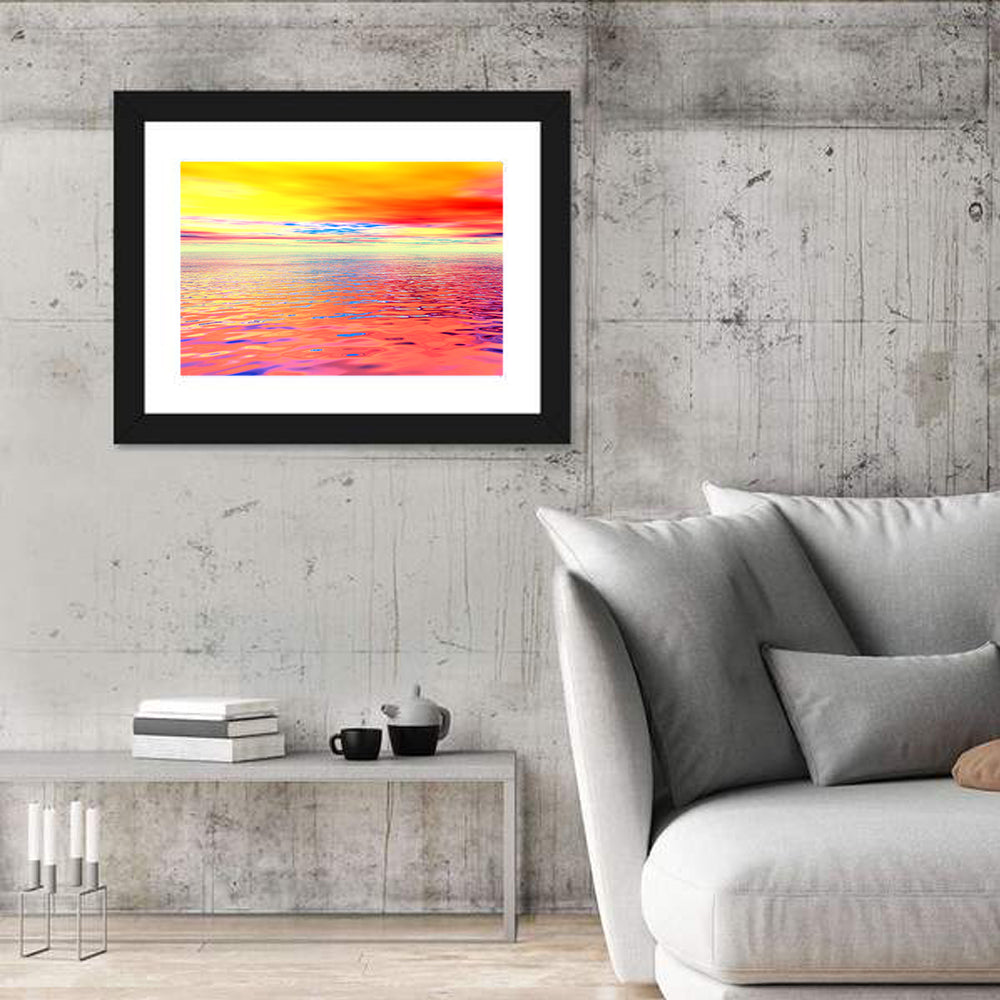 Surreal Ocean Sunset Illustration Wall Art in a room, landscape