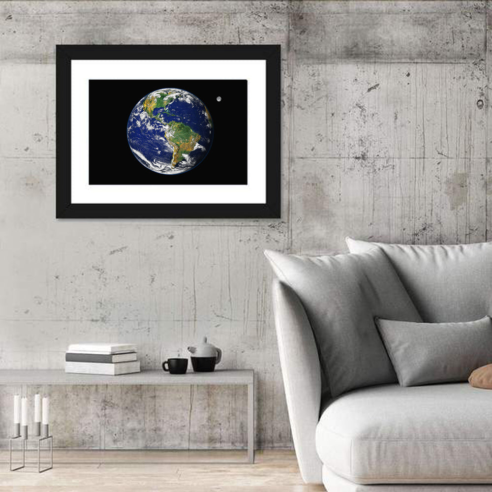 America from Space with Moon Wall Art in a room, landscape
