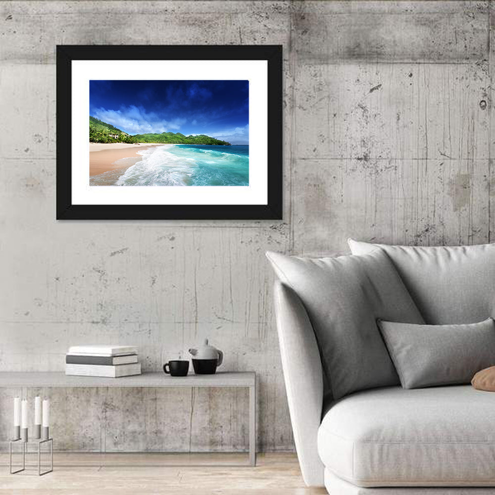 Mahe Island Beach Wall Art in a room, landscape