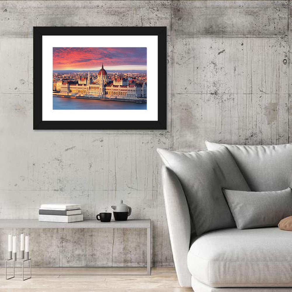 Hungarian Parliament at Dawn Wall Art in a room, landscape