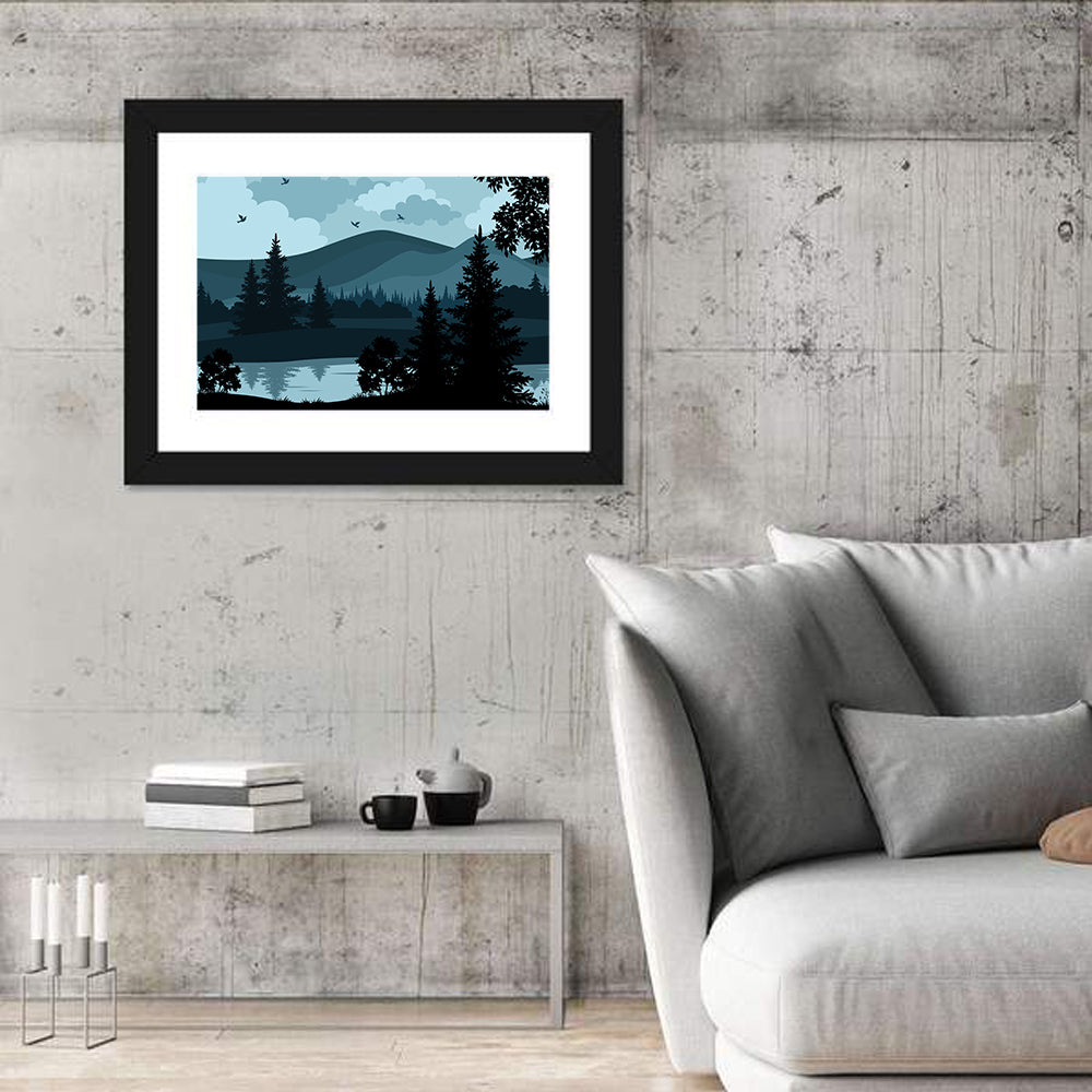 Flying Birds Over Mountain Lake Wall Art in a room, landscape