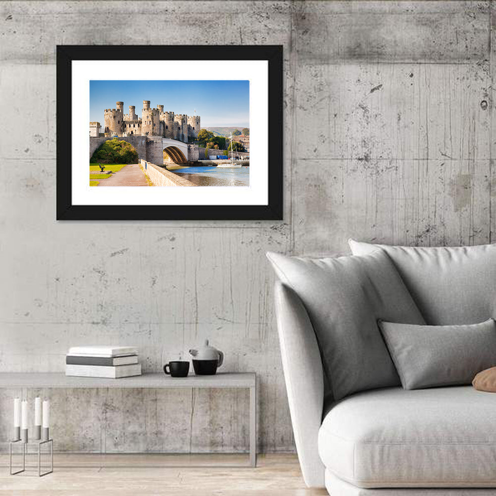 Conwy Castle and Arched Bridge Wall Art in a room, landscape