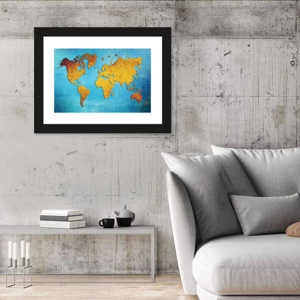 Distressed Blue World Map Wall Art in a room, landscape