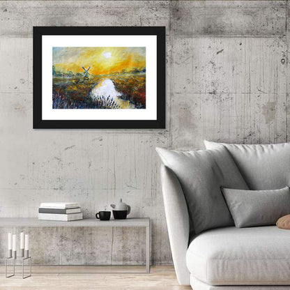 Windmill at Sunrise Over River Wall Art