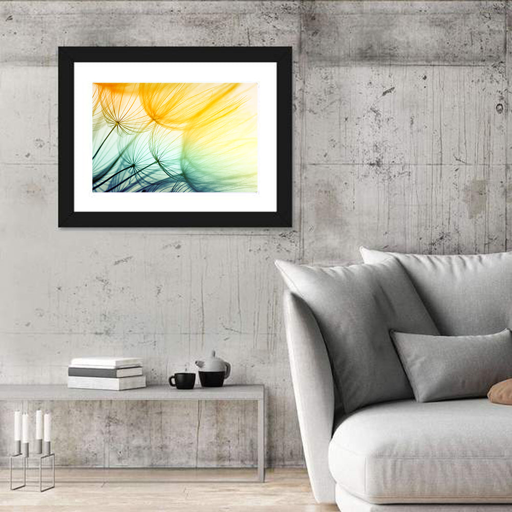 Sunlit Dandelion Seed Macro Wall Art in a room, landscape