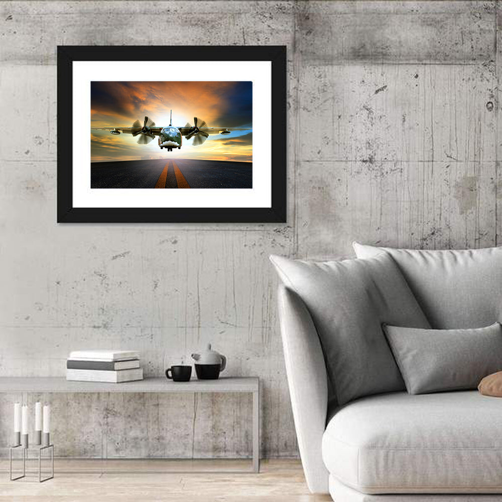 Vintage Military Transport Plane Wall Art in a room, landscape
