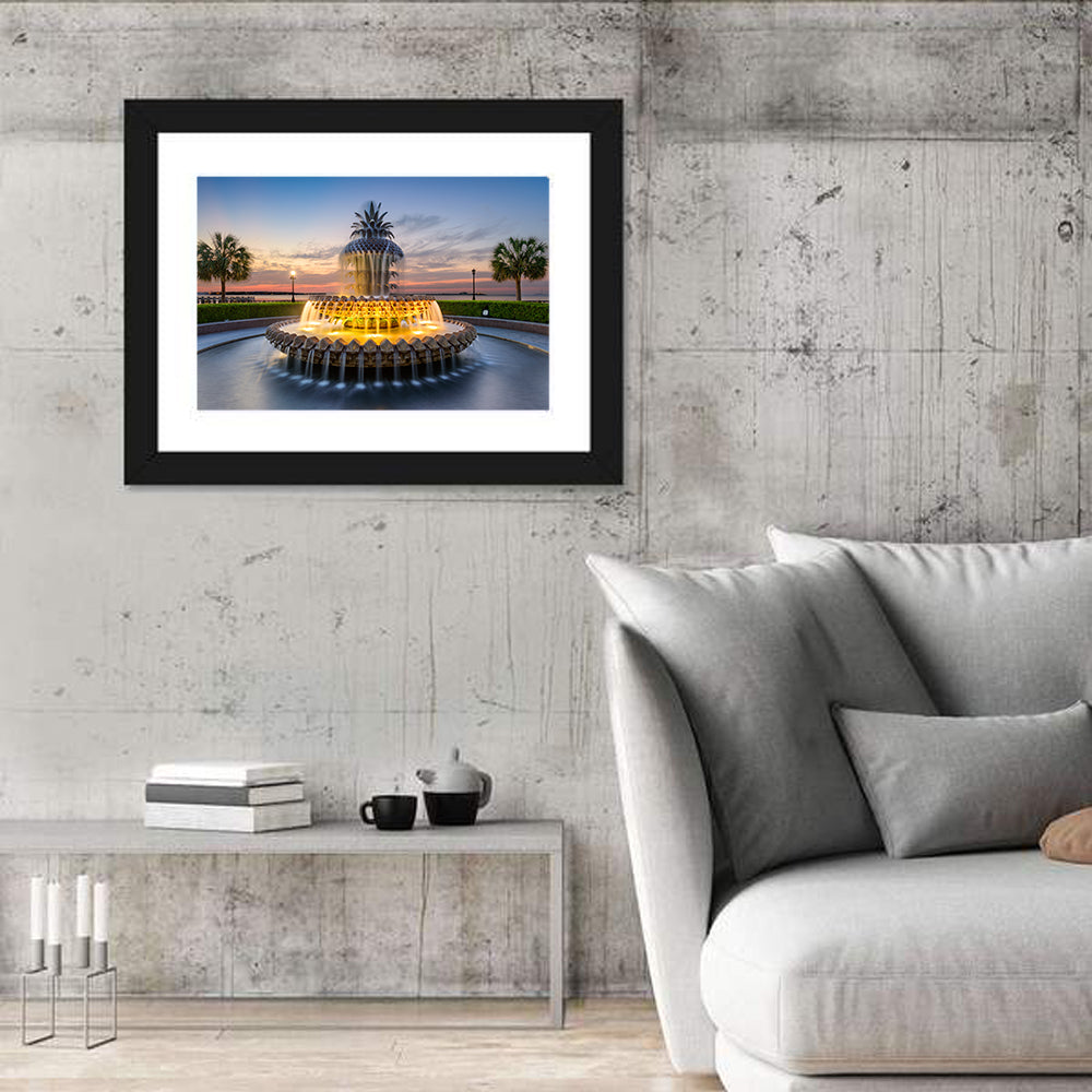 Charleston Pineapple Fountain at Dusk Wall Art in a room, landscape