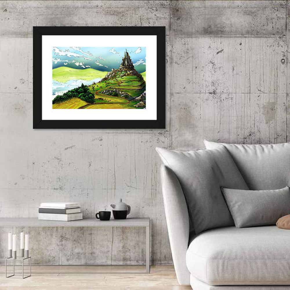 Hilltop Fairy Castle Illustration Wall Art in a room, landscape