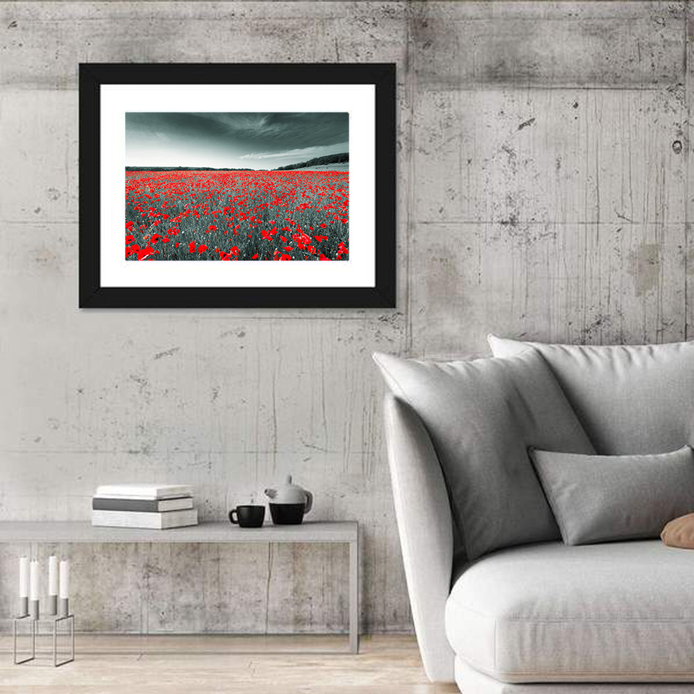 Red Poppy Field Wall Art in a room, landscape