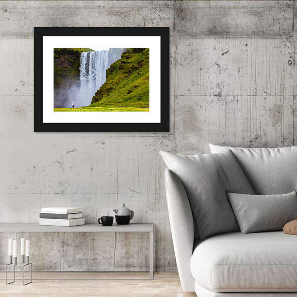 Skogafoss Waterfall with Moss Covered Cliffs Wall Art in a room, landscape