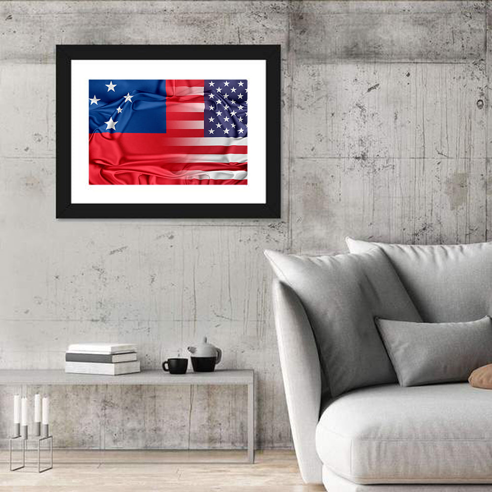 Samoa and USA Flag Blend Wall Art in a room, landscape