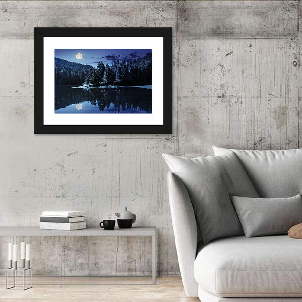 Moonlit Pine Lake Wall Art in a room, landscape