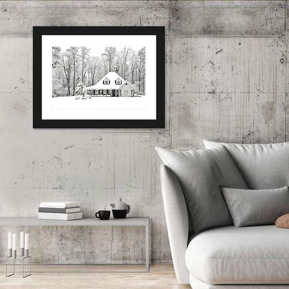 Frosty Winter House Landscape Wall Art in a room, landscape