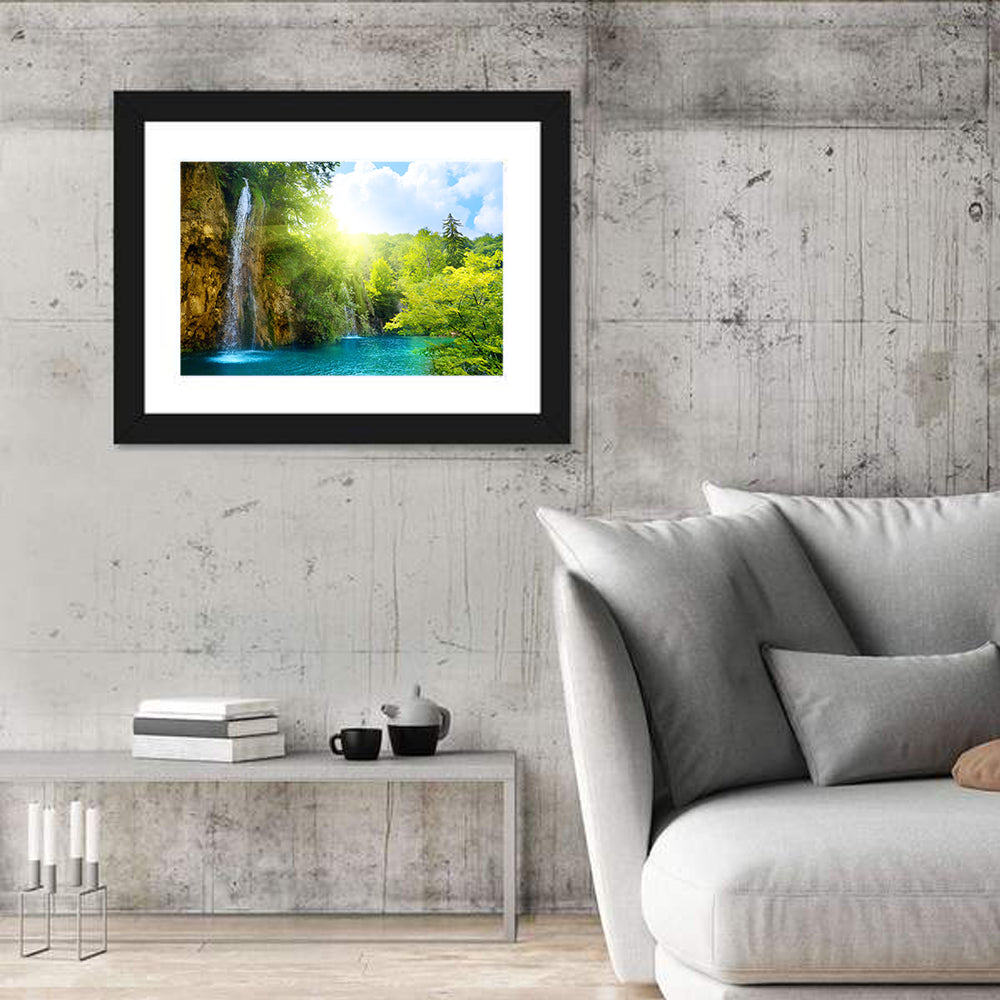 Forest Waterfall at Sunlit Lake Wall Art