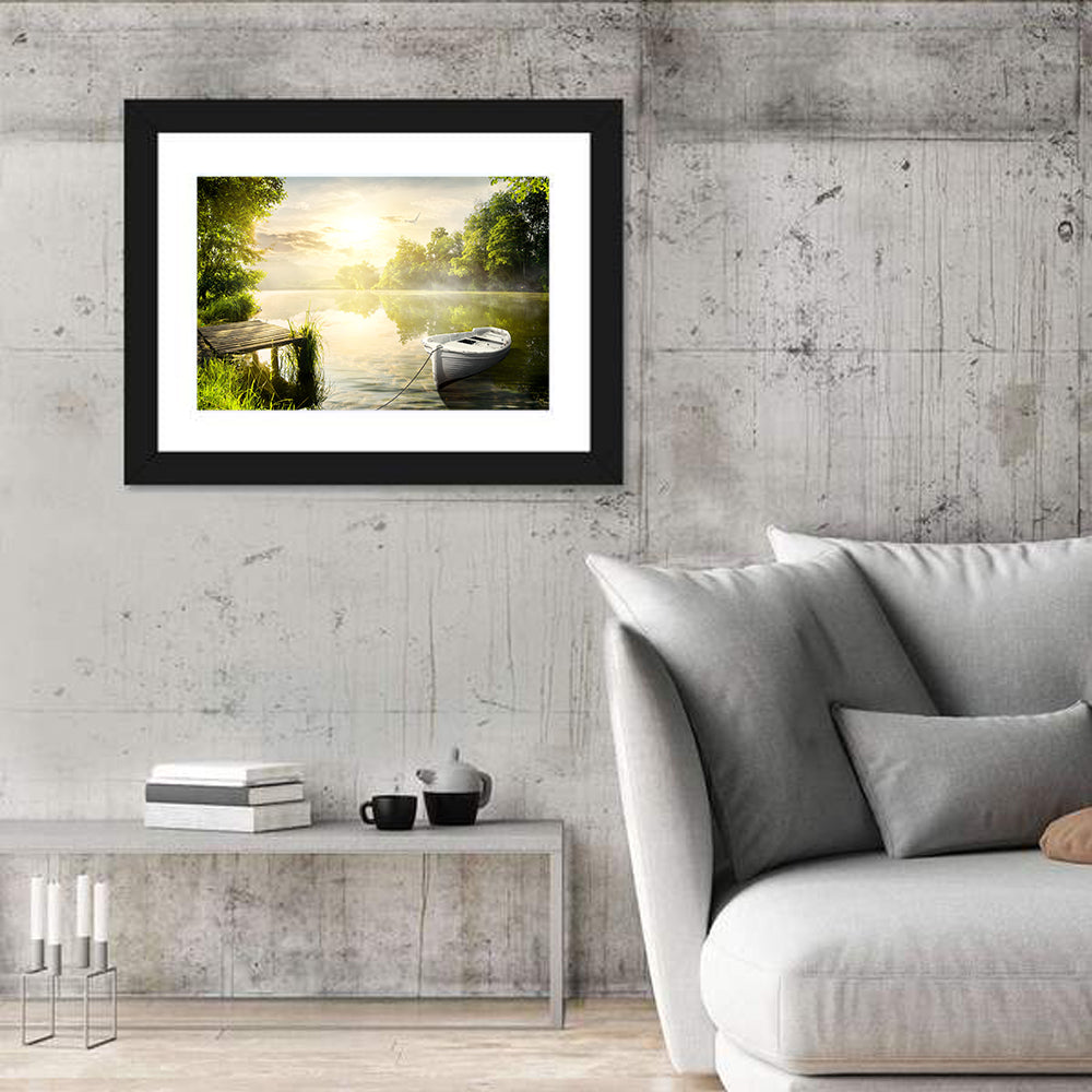 Rowboat at Misty Dock Wall Art