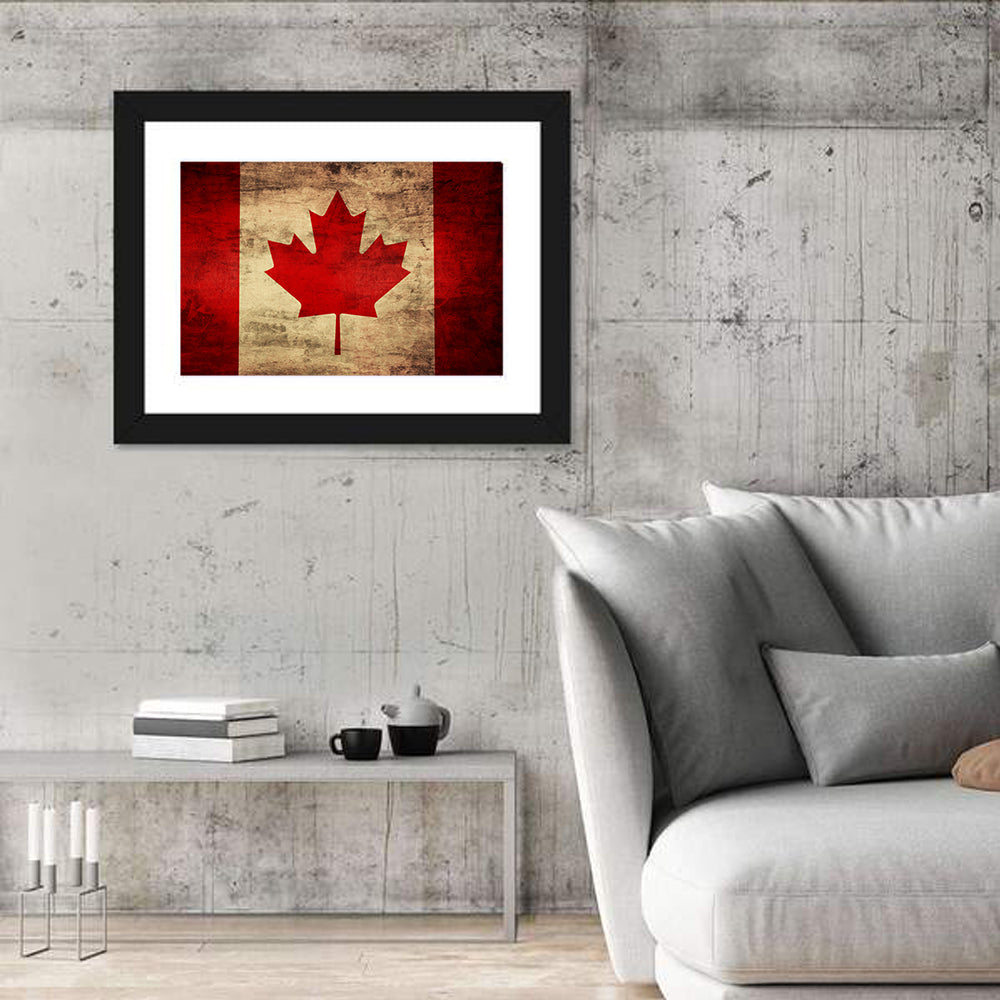 Grunge Canadian Flag Wall Art in a room, landscape