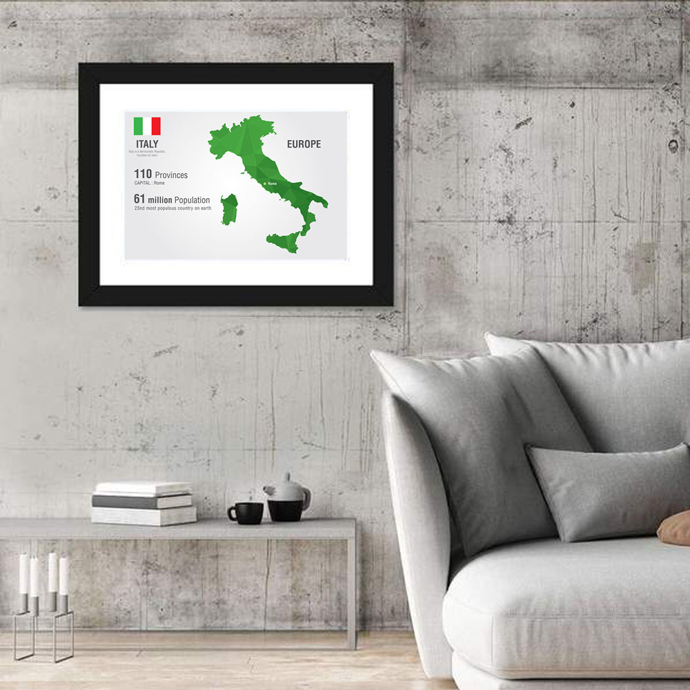 Geometric Italy Map Infographic Wall Art in a room, landscape