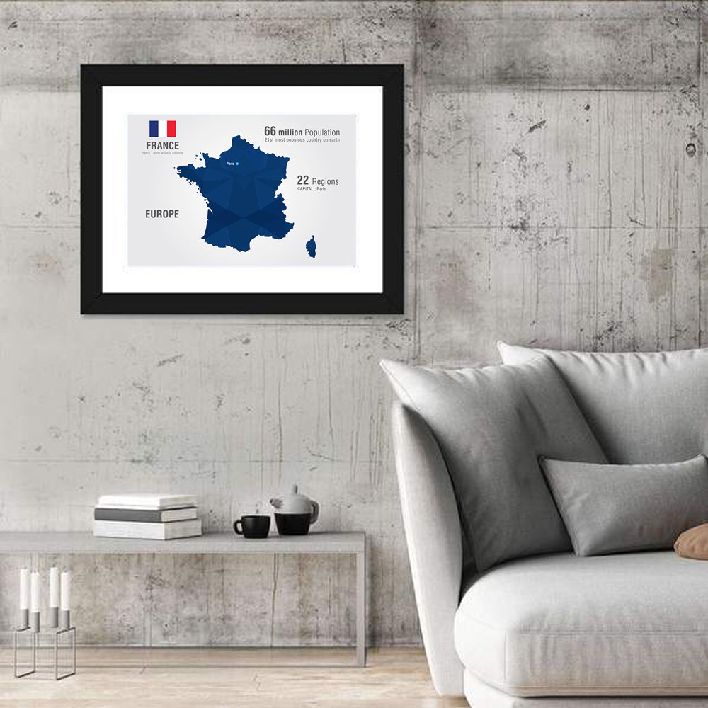 Geometric France Map with Flag Wall Art in a room, landscape