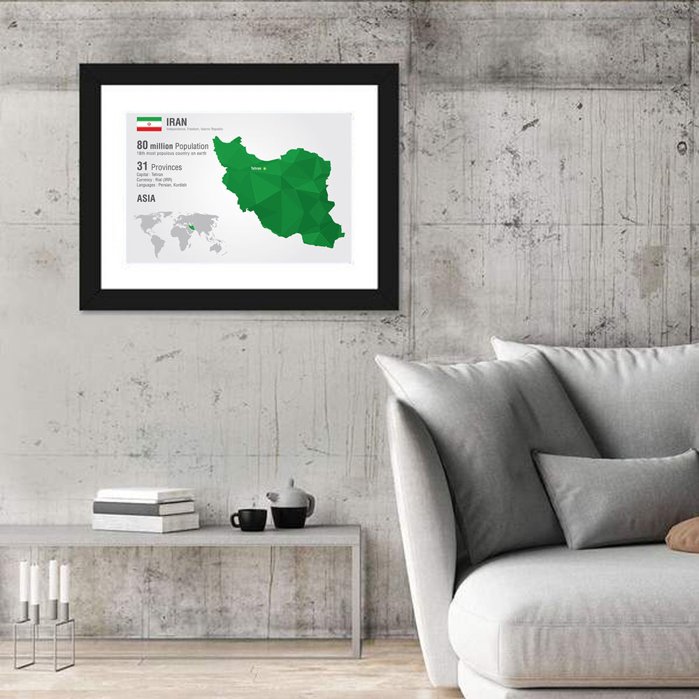 Low Poly Iran Map Wall Art in a room, landscape