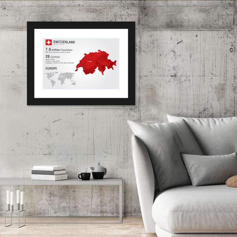 Switzerland Low-poly Map Wall Art in a room, landscape