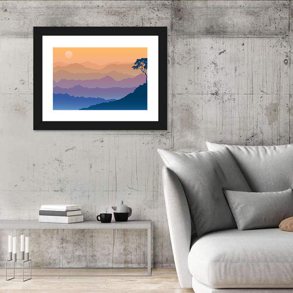 Layered Mountain Sunrise with Tree Silhouette Wall Art in a room, landscape