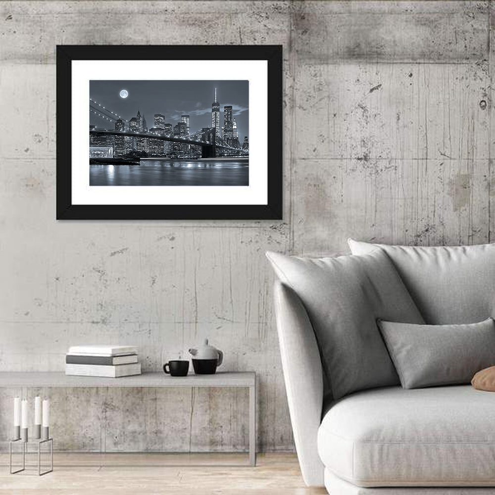 Brooklyn Bridge Night Skyline Wall Art in a room, landscape