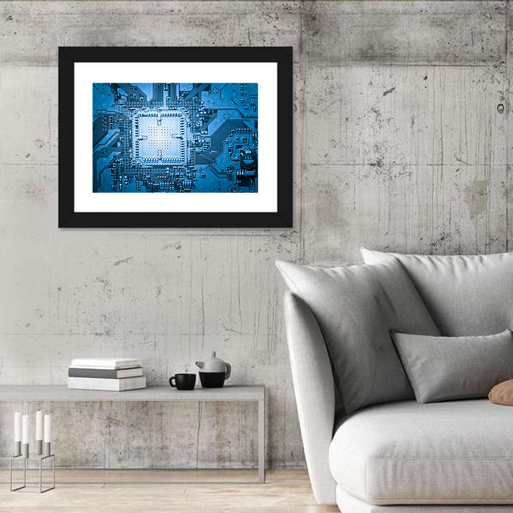 Blue Circuit Board Close-up Wall Art in a room, landscape