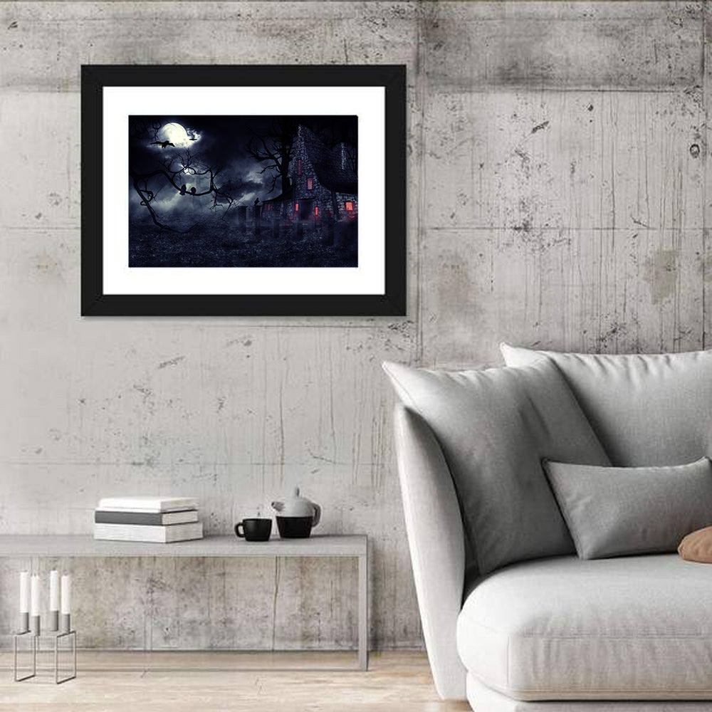 Haunted House Under Full Moon Wall Art