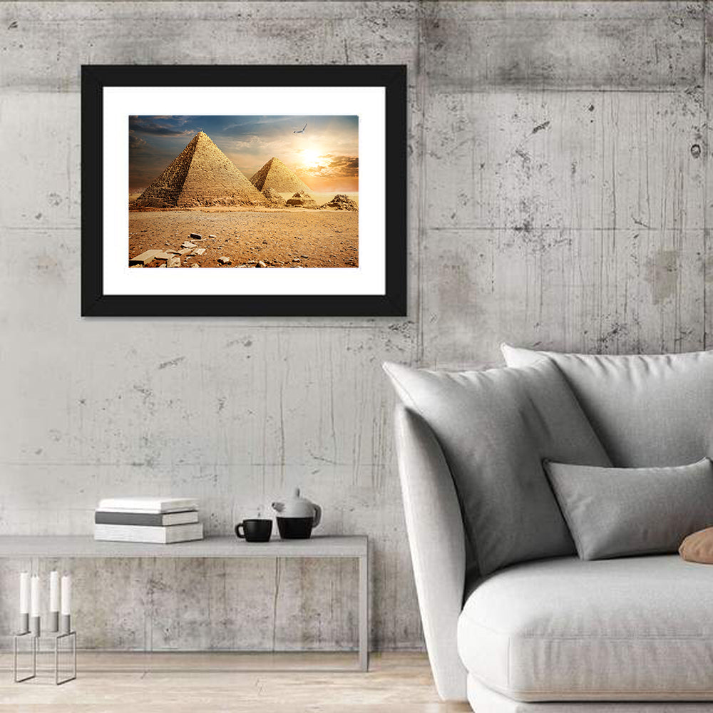 Giza Pyramids at Sunset Wall Art in a room, landscape