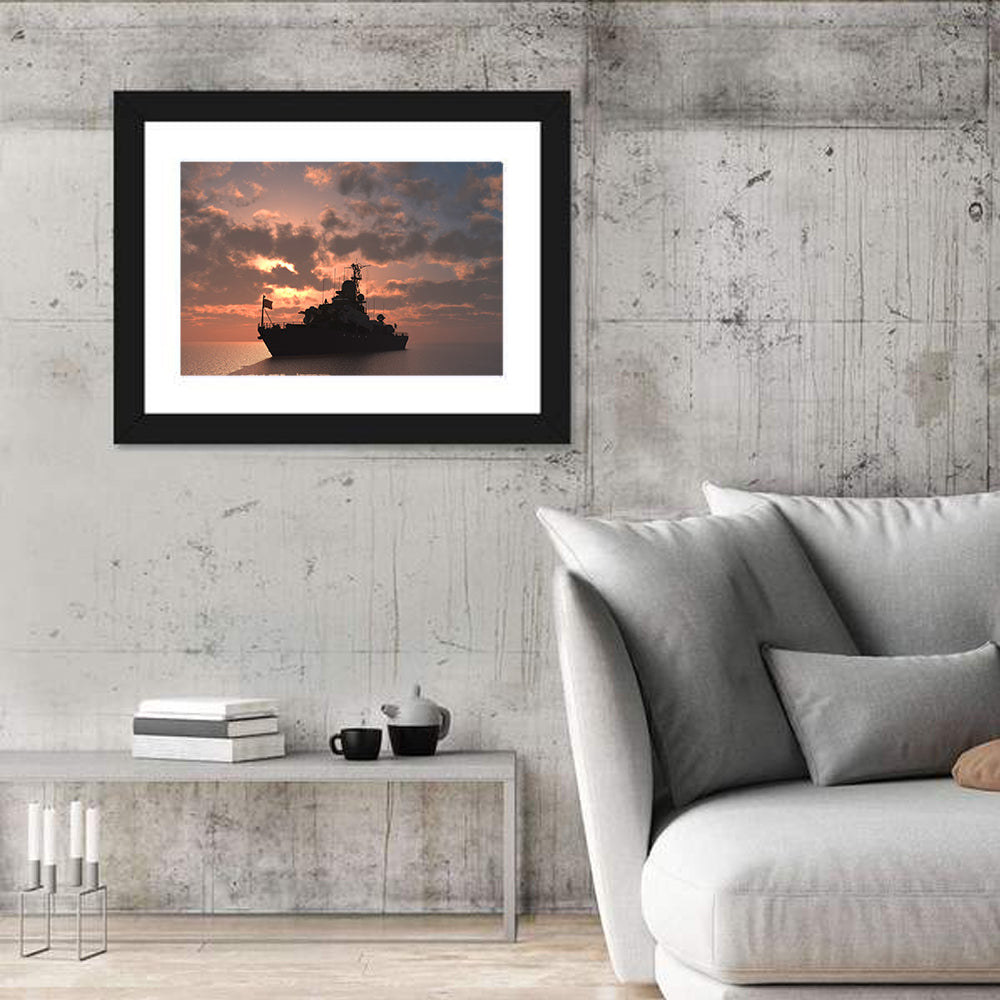 Warship Silhouette at Sunset Wall Art in a room, landscape