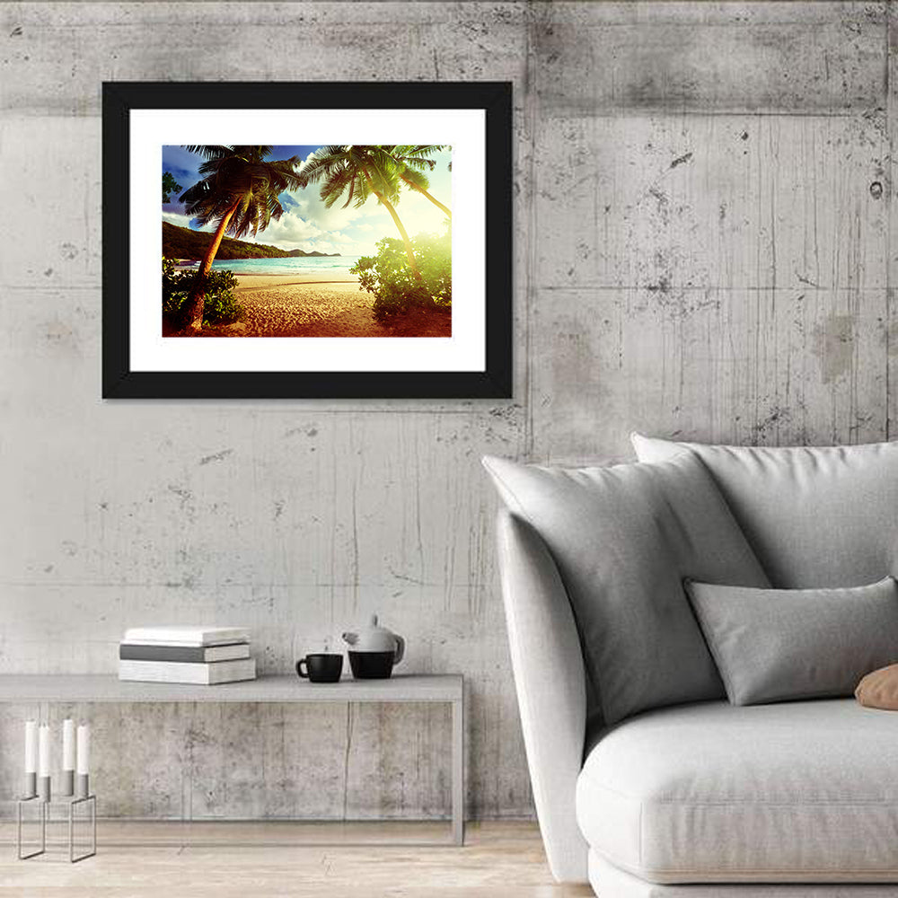 Takamaka Beach Sunset Wall Art in a room, landscape
