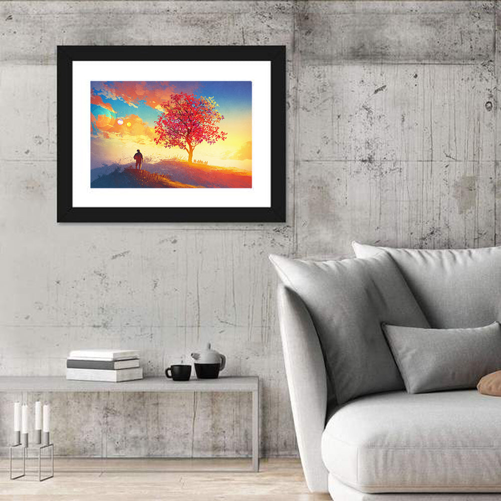 Surreal Autumn Dusk Landscape Wall Art in a room, landscape