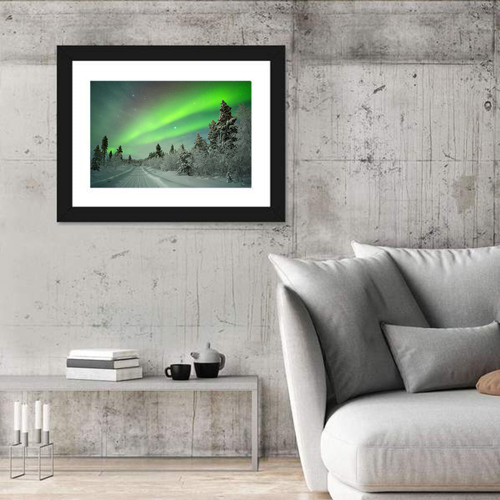 Aurora Over Snowy Forest Road Wall Art
