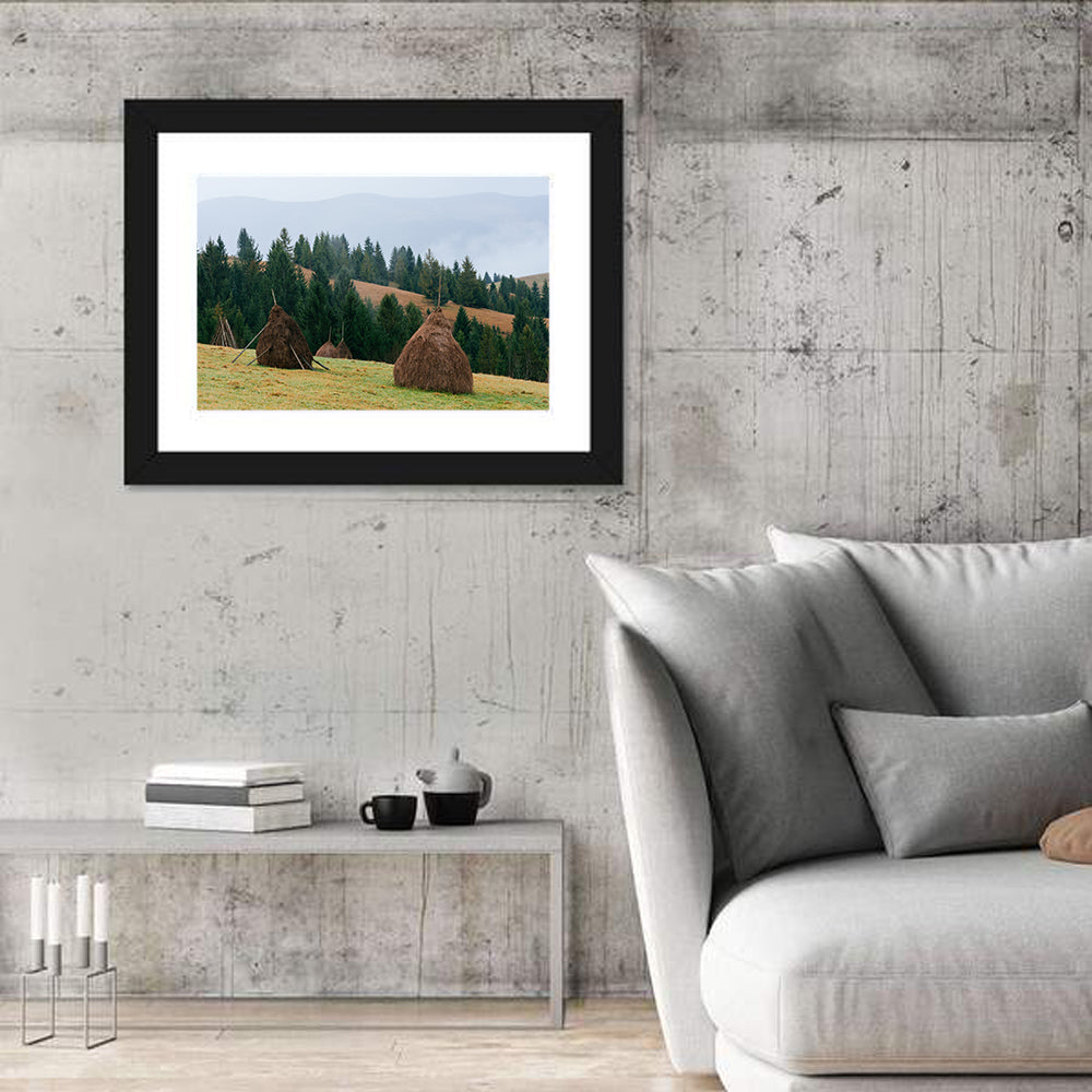 Haystacks in Mountain Village Wall Art in a room, landscape