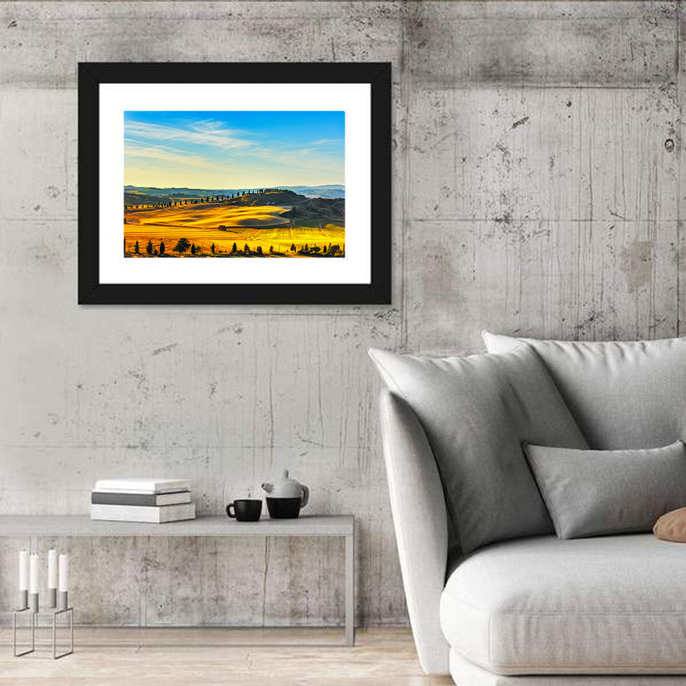 Cypress Trees Over Golden Fields Wall Art in a room, landscape