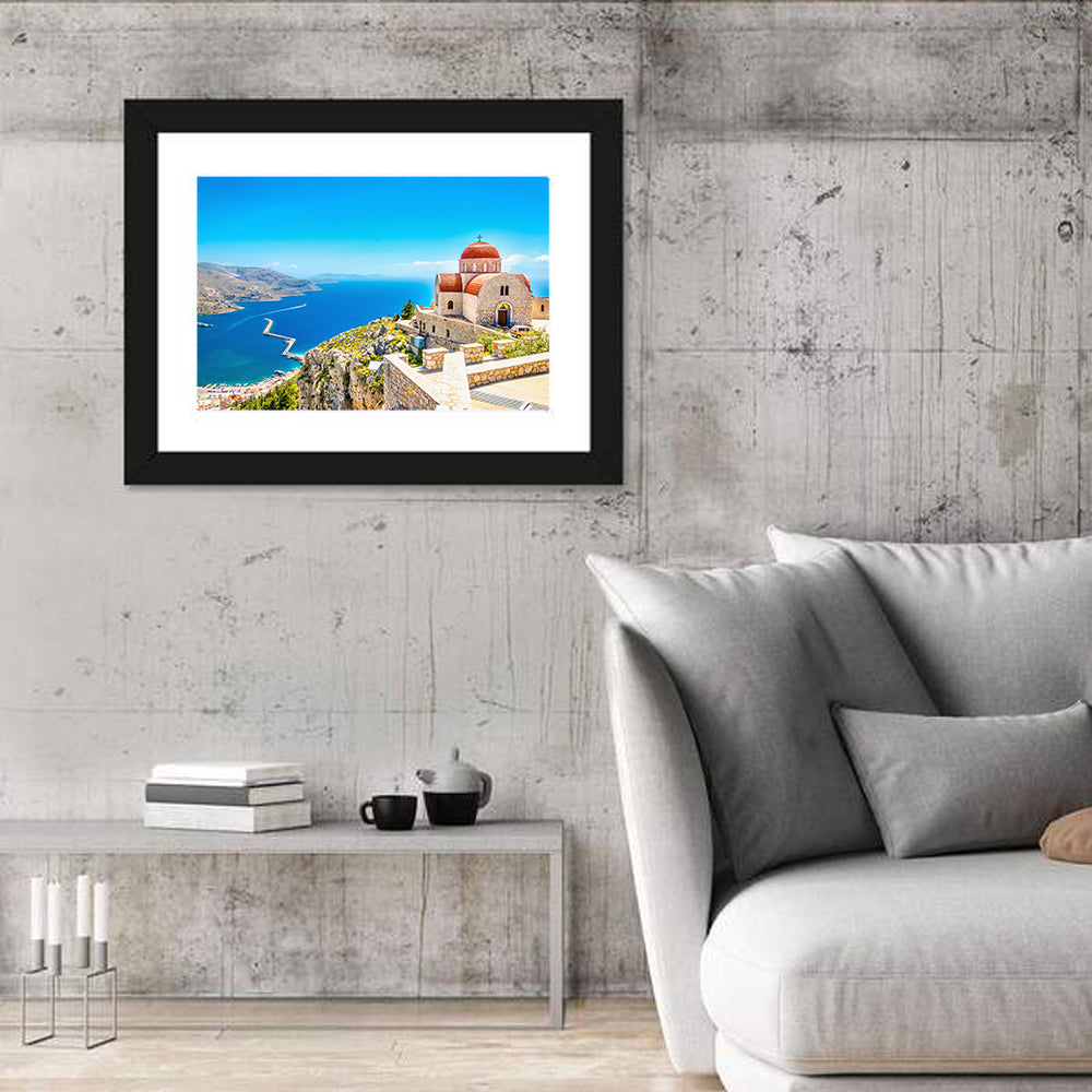 Cliffside Church in Greece Wall Art in a room, landscape