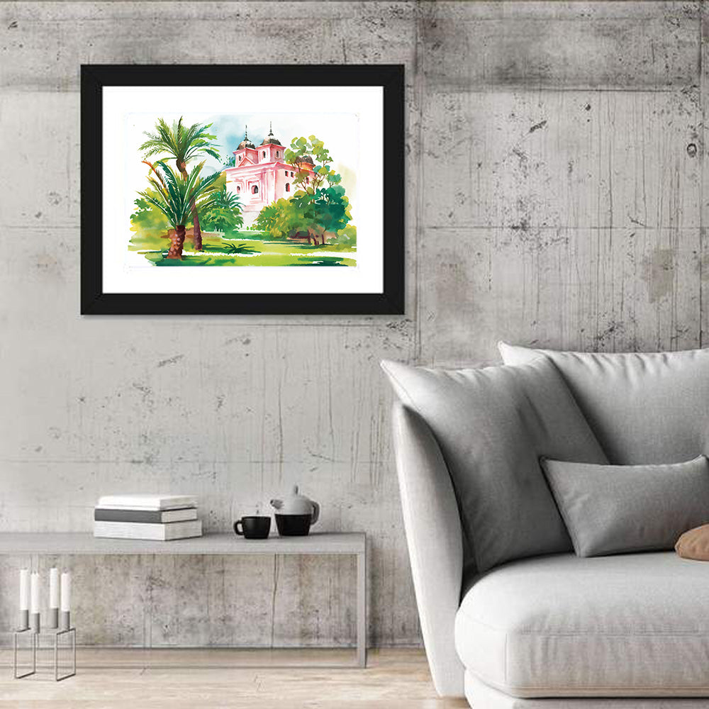 Pink House in Garden Illustration Wall Art in a room, landscape