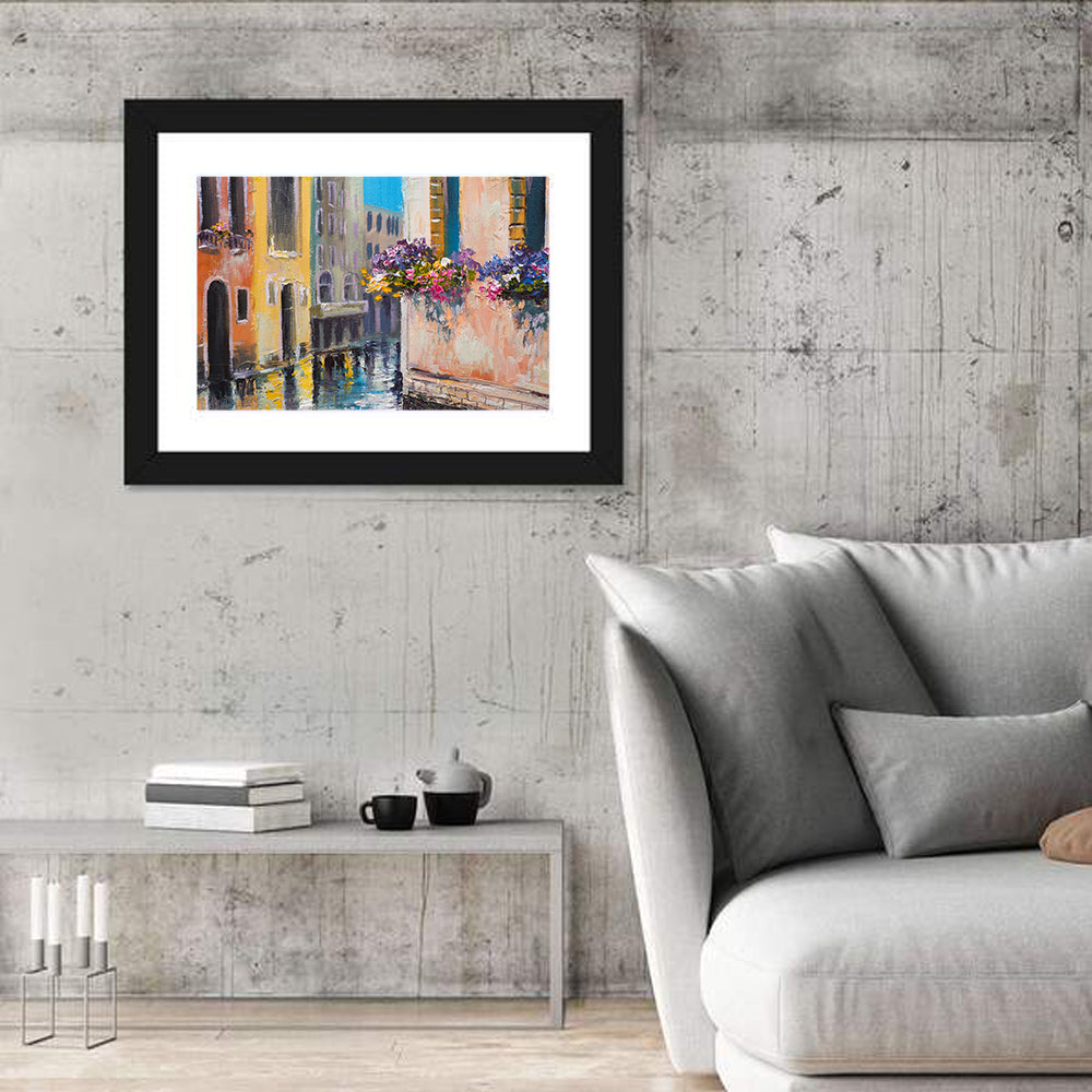 Venice Canal with Flower Boxes Wall Art in a room, landscape
