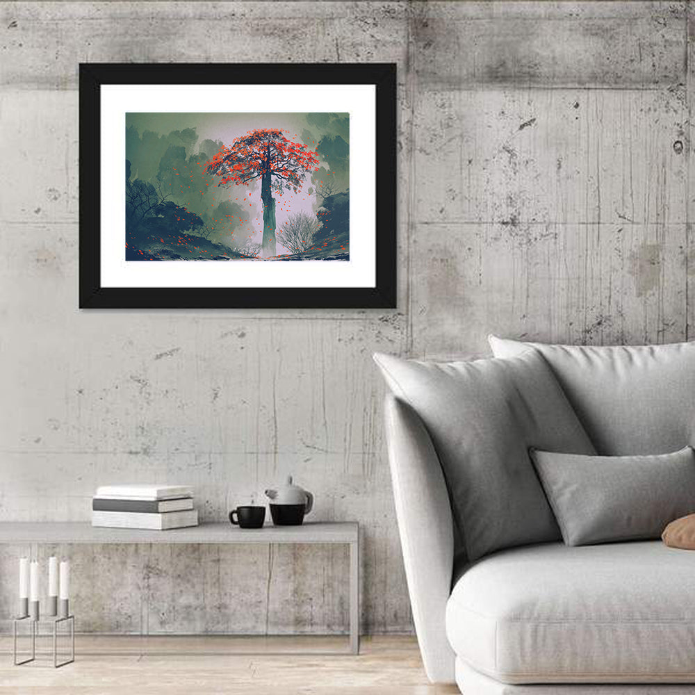 Misty Red Autumn Tree Wall Art in a room, landscape